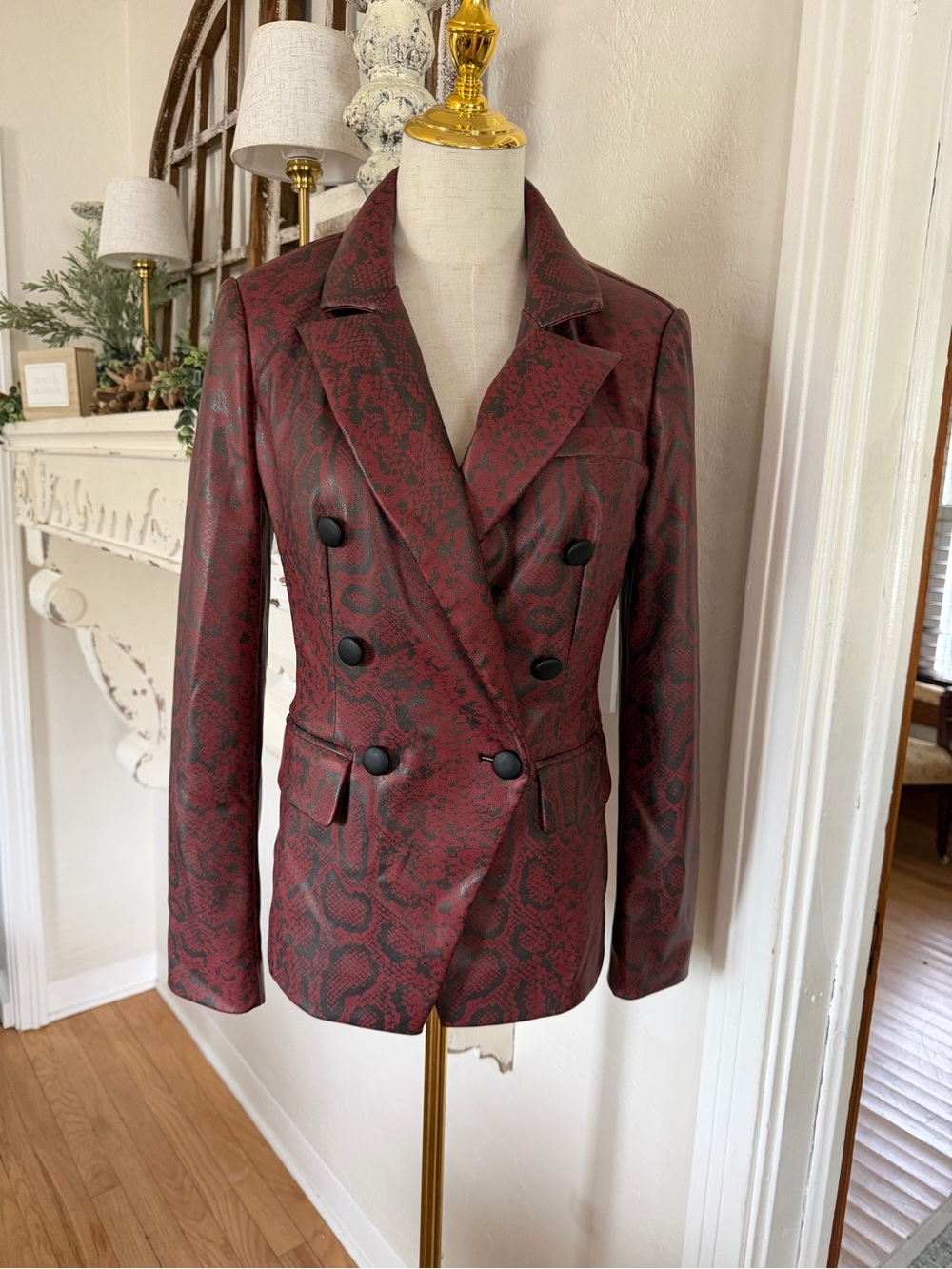 Double-Breasted Red Snake-Print Women's Faux Leather Blazer Jacket